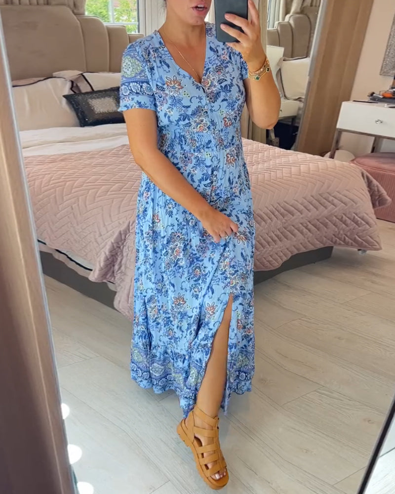 Damesjurk met bloemenprint en V-hals | LF10265005QLSS
