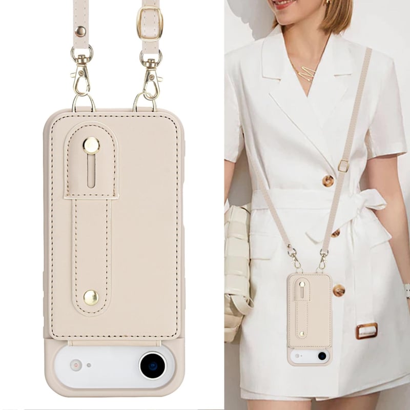 Leren iPhone Air hoesje met pasjeshouder en draagkoord Beige/Wit