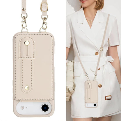 Leren iPhone Air hoesje met pasjeshouder en draagkoord Beige/Wit