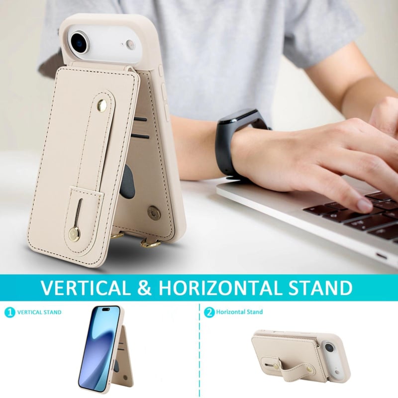 Leren iPhone Air hoesje met pasjeshouder en draagkoord Beige/Wit
