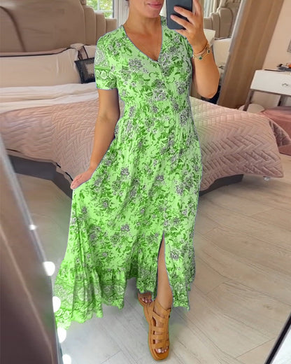 Damesjurk met bloemenprint en V-hals | LF10265005QLSS
