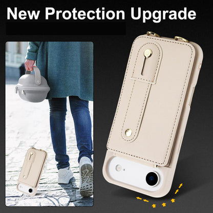 Leren iPhone Air hoesje met pasjeshouder en draagkoord Beige/Wit