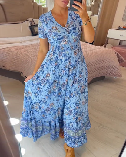 Damesjurk met bloemenprint en V-hals | LF10265005QLSS