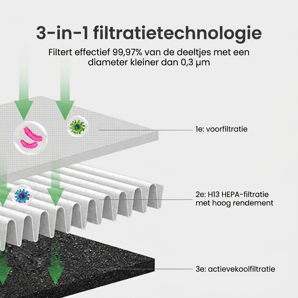 Bladloze ventilator met HEPA H13 filter en oscillatie