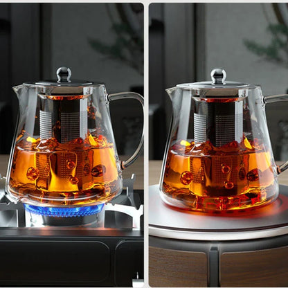 Glazen theepot met rvs theezeef en schenktuit