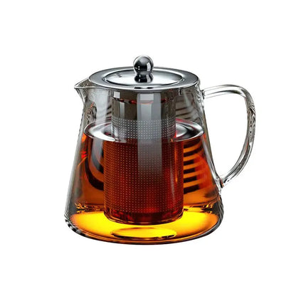 Glazen theepot met rvs theezeef en schenktuit