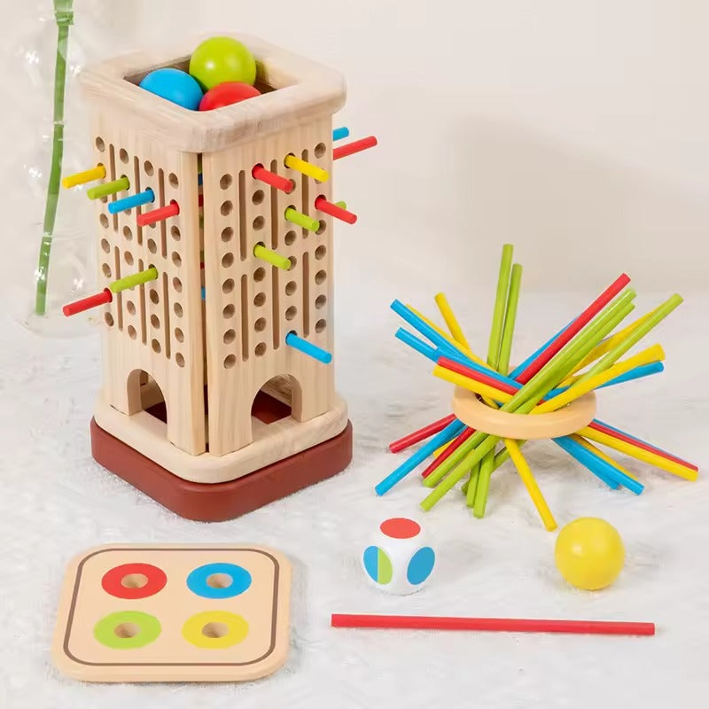 Houten stokkentoren spel met dobbelsteen voor kinderen