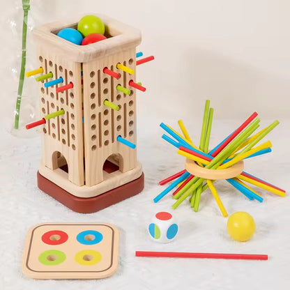 Houten stokkentoren spel met dobbelsteen voor kinderen