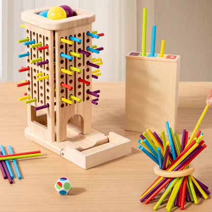 Houten stokkentoren spel met dobbelsteen voor kinderen