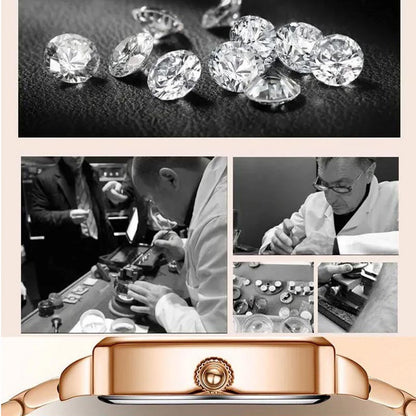 Vierkant dameshorloge met diamanten en datumvenster