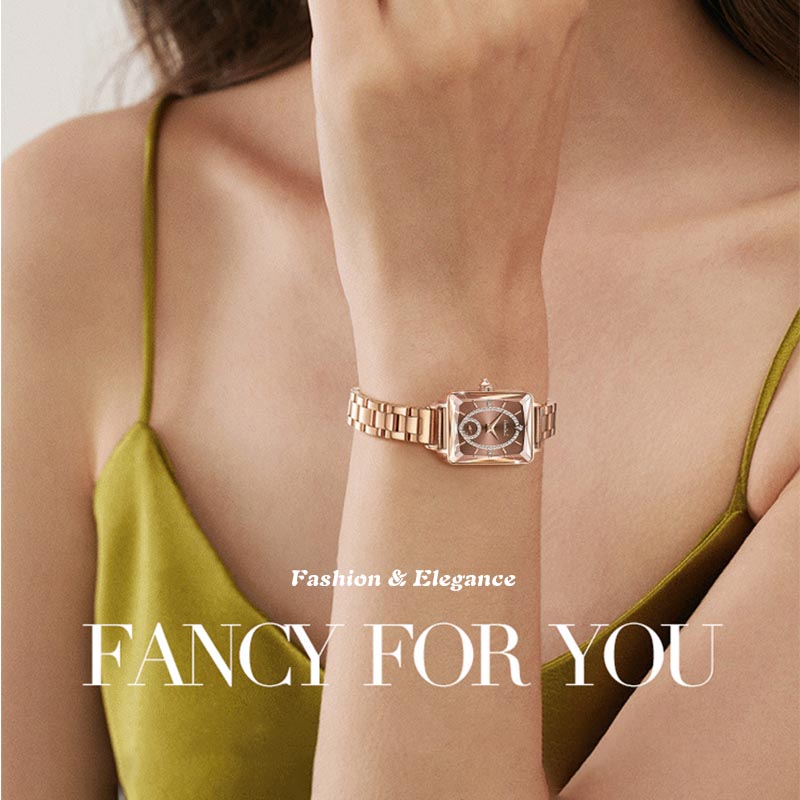 Vierkant dameshorloge met diamanten en datumvenster