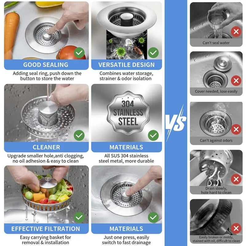 Rvs gootsteenafvoerzeef met 3-in-1 geurfilter