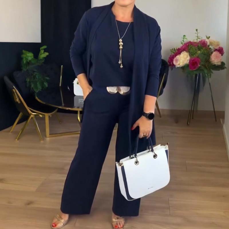 Elegante driedelige dames set met lang vest top en broek