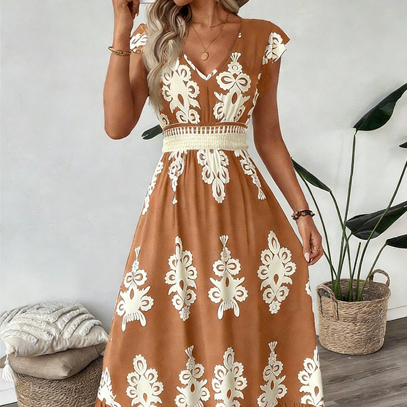 Maxi damesjurk met barokprint en V-hals