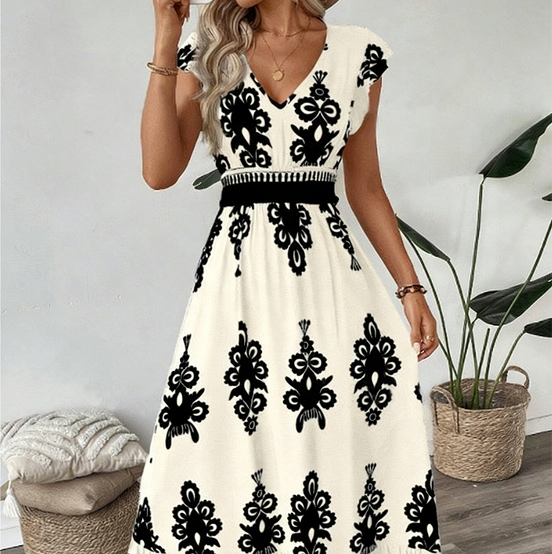 Maxi damesjurk met barokprint en V-hals