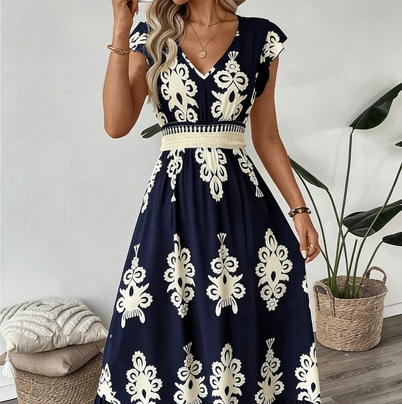 Maxi damesjurk met barokprint en V-hals