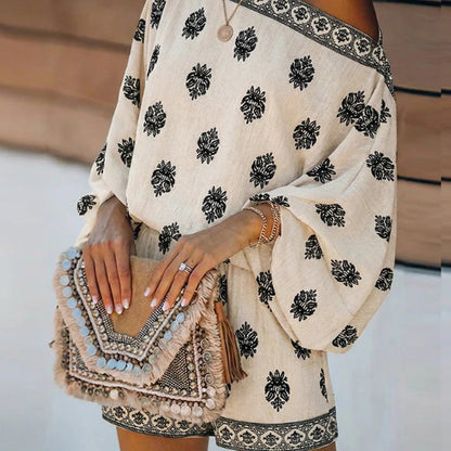 Bohemian dames jumpsuitset met schoudervrije top