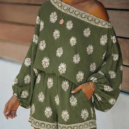 Bohemian dames jumpsuitset met schoudervrije top