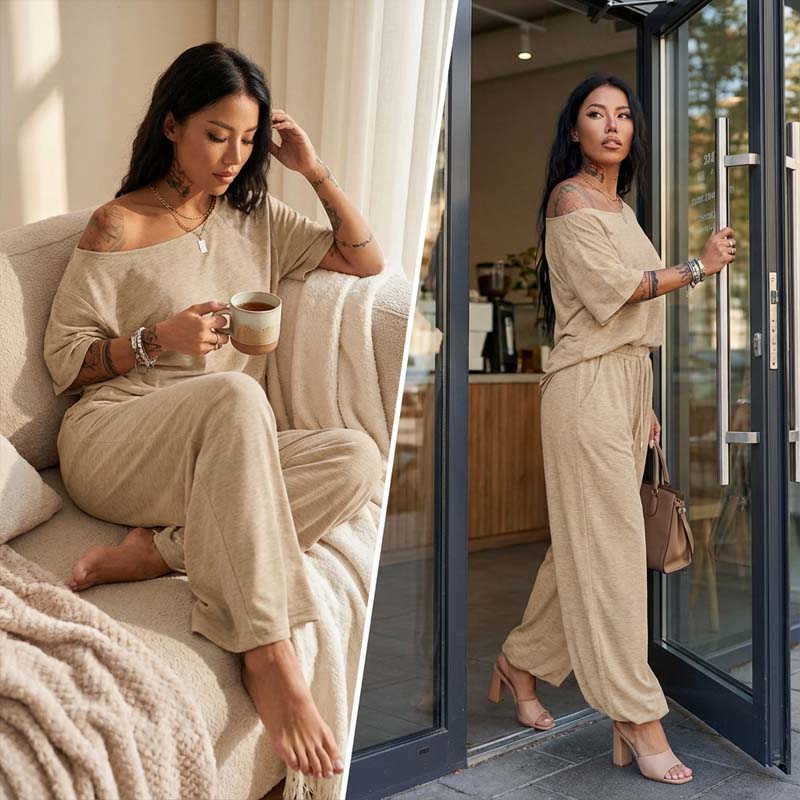 Dames lounge set met blote schouder top en broek