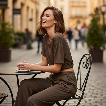 Dames lounge set met blote schouder top en broek