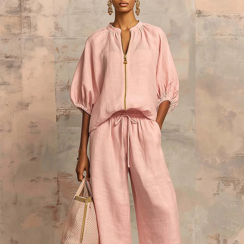 Tweedelige Dames Casual Set met Rits en Wijde Pijpen | LF10337455YGLS