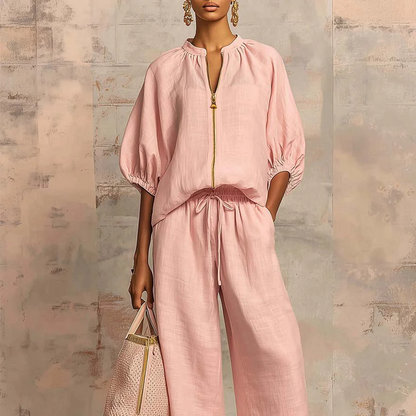 Tweedelige Dames Casual Set met Rits en Wijde Pijpen | LF10337455YGLS
