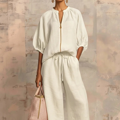 Tweedelige Dames Casual Set met Rits en Wijde Pijpen | LF10337455YGLS