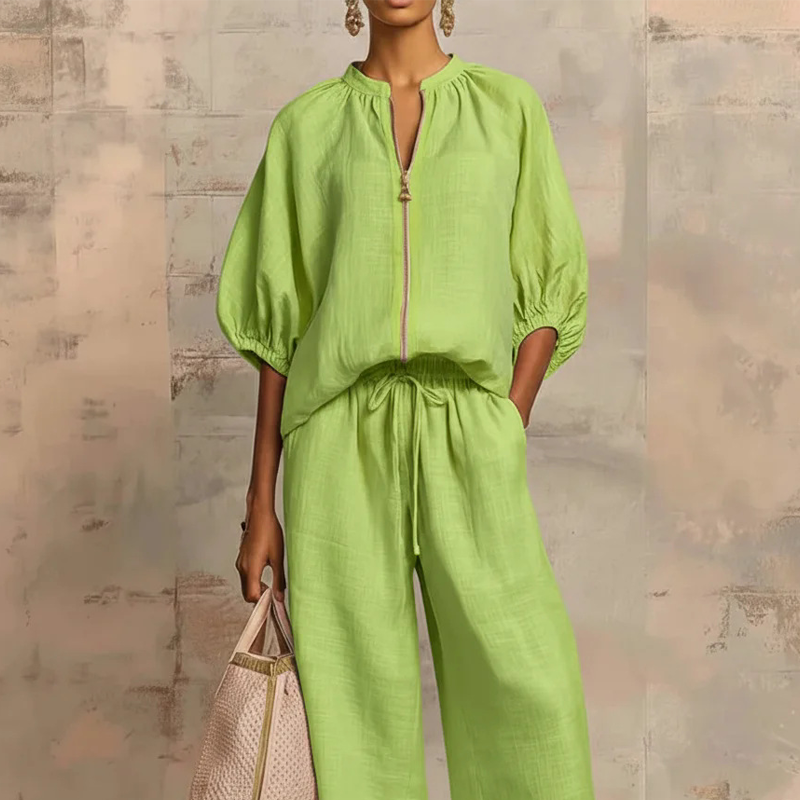 Tweedelige Dames Casual Set met Rits en Wijde Pijpen | LF10337455YGLS