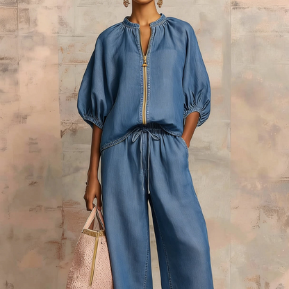 Tweedelige Dames Casual Set met Rits en Wijde Pijpen | LF10337455YGLS