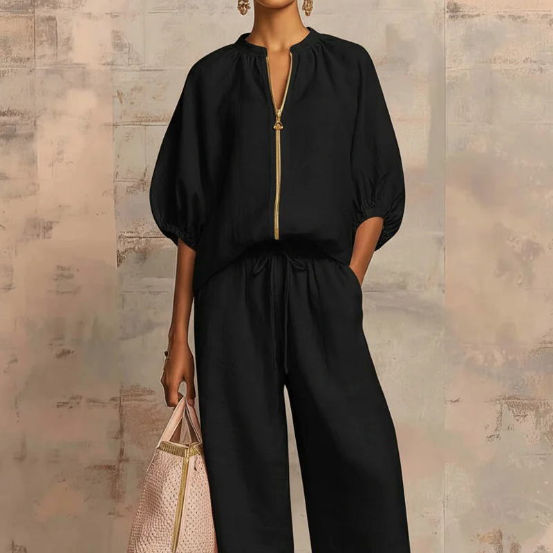Tweedelige Dames Casual Set met Rits en Wijde Pijpen | LF10337455YGLS