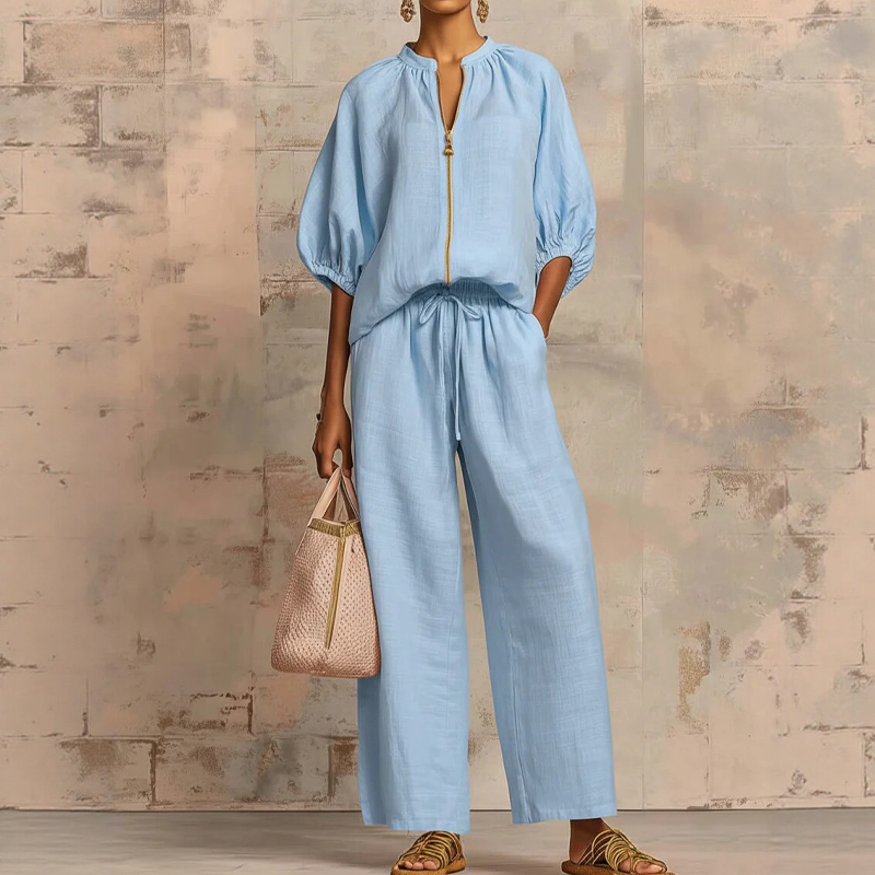 Tweedelige Dames Casual Set met Rits en Wijde Pijpen | LF10337455YGLS