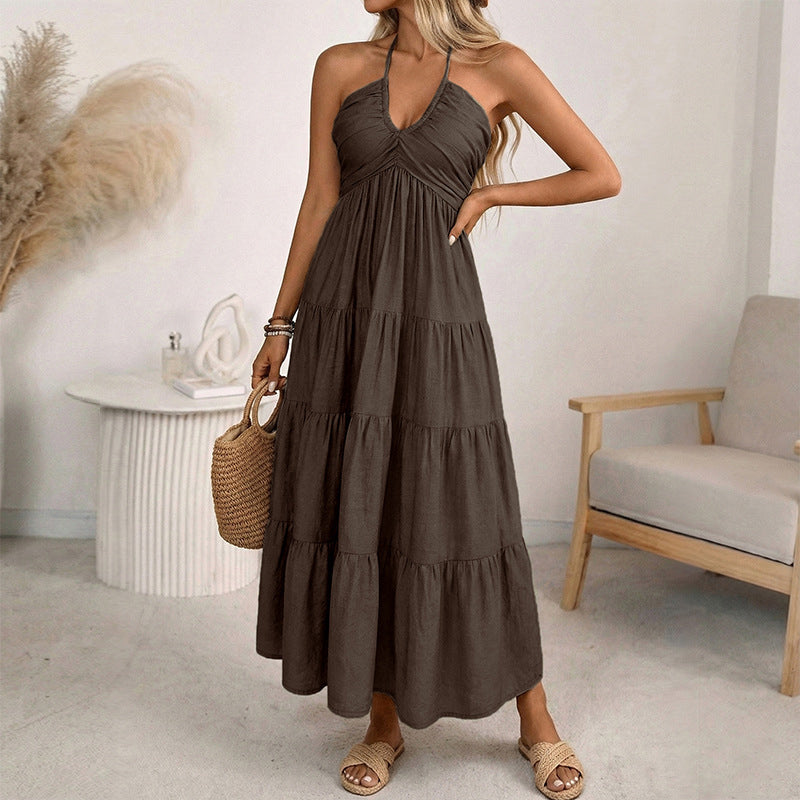 Dames maxi-jurk met halternek en open rug | LF10333491LVSS