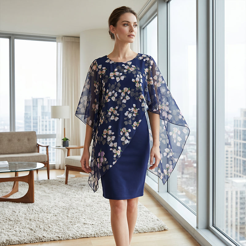 Elegante tweedelige damesjurk met bloemenoverlay | LF10274176LANS