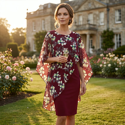 Elegante tweedelige damesjurk met bloemenoverlay | LF10274176LANS