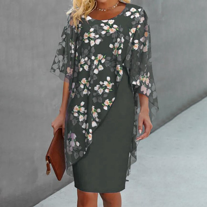 Elegante tweedelige damesjurk met bloemenoverlay | LF10274176LANS