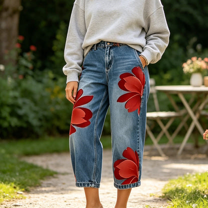 Dames wide-leg jeans met artistieke bloemenprint | LF10341492REDS