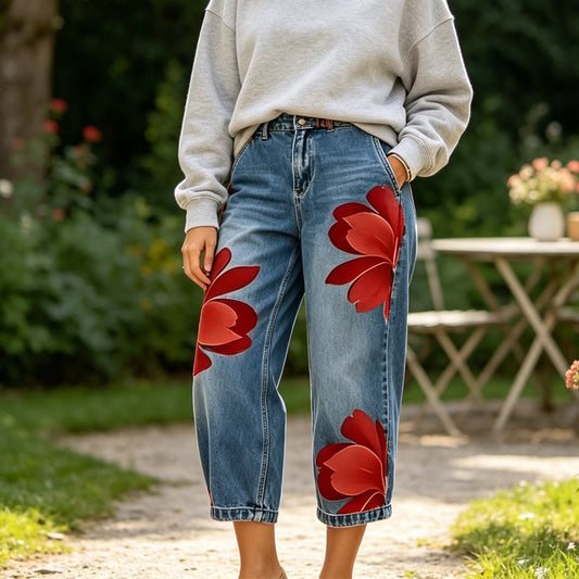 Dames wide-leg jeans met artistieke bloemenprint | LF10341492REDS