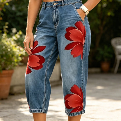 Dames wide-leg jeans met artistieke bloemenprint | LF10341492REDS