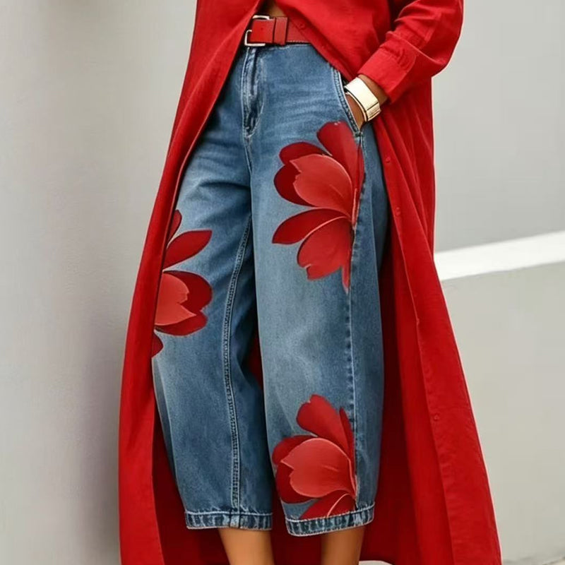 Dames wide-leg jeans met artistieke bloemenprint | LF10341492REDS