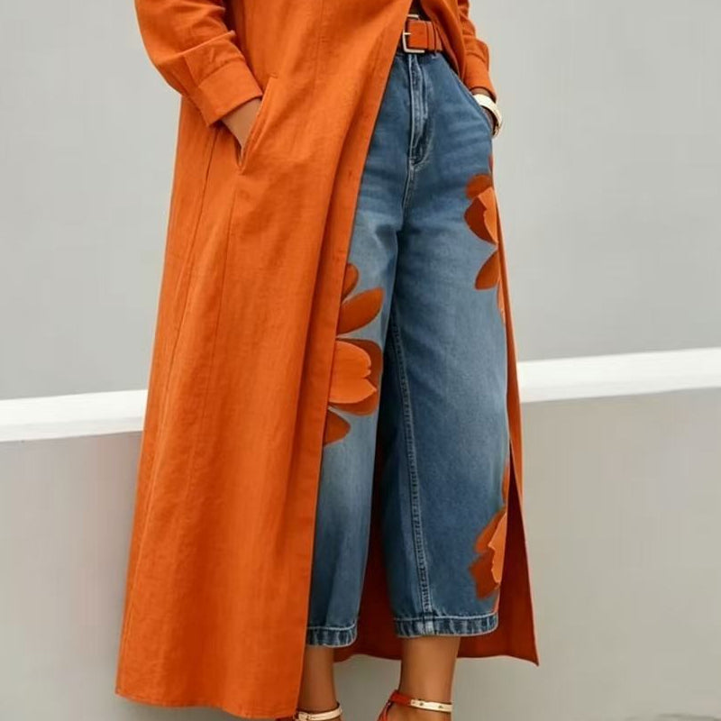 Dames wide-leg jeans met artistieke bloemenprint | LF10341492REDS