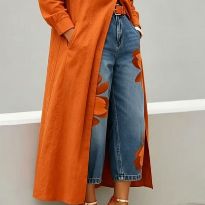 Dames wide-leg jeans met artistieke bloemenprint | LF10341492REDS