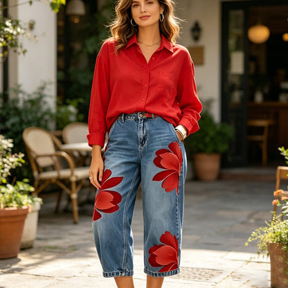 Dames wide-leg jeans met artistieke bloemenprint | LF10341492REDS