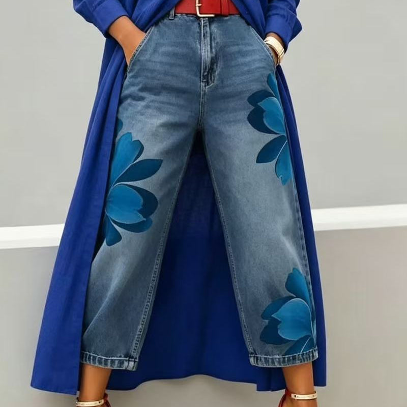 Dames wide-leg jeans met artistieke bloemenprint | LF10341492REDS