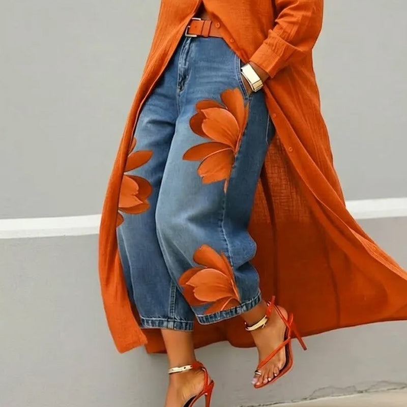 Dames wide-leg jeans met artistieke bloemenprint | LF10341492REDS