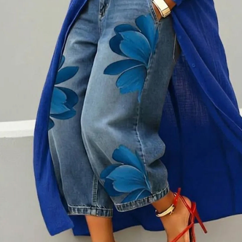 Dames wide-leg jeans met artistieke bloemenprint | LF10341492REDS