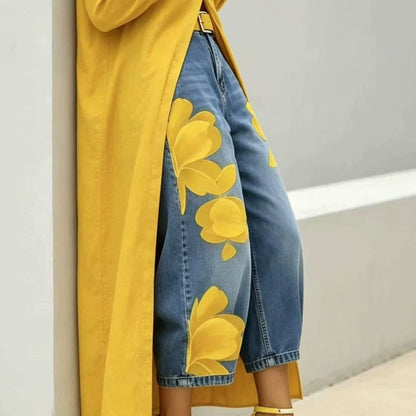 Dames wide-leg jeans met artistieke bloemenprint | LF10341492REDS