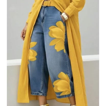 Dames wide-leg jeans met artistieke bloemenprint | LF10341492REDS