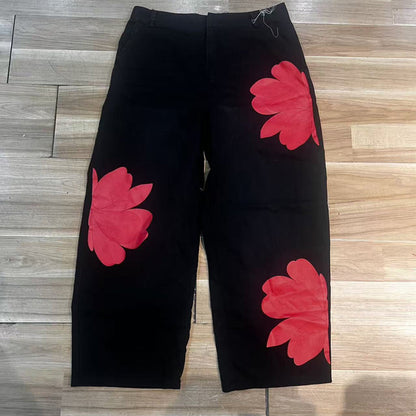 Dames wide-leg jeans met artistieke bloemenprint | LF10341492REDS