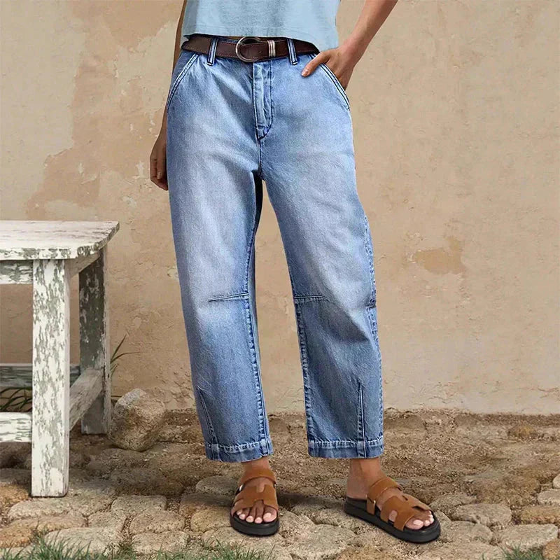 Dames cropped barrel jeans met vintage wassing
