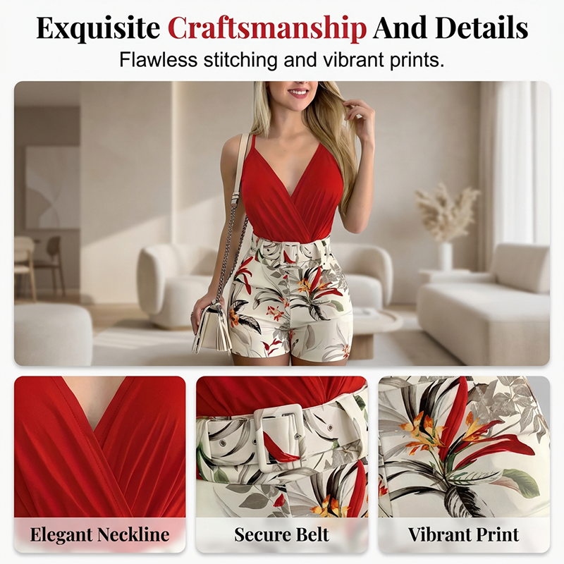 Dames V-hals top en zomershorts set met print | LF10336018HUGS